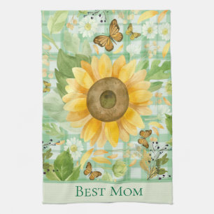 Custom Best Mama Green Gingham Sunflower Butterfly Geschirrtuch