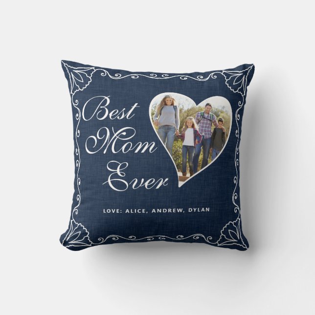Custom Best Mama jemals Navy Blue White Heart Foto Kissen (Vorderseite)