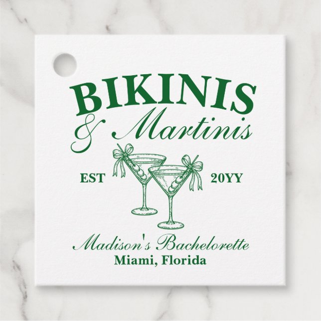 Custom Bikinis und Martinis Junggeselinnen-Abschie Geschenkanhänger (Vorderseite)