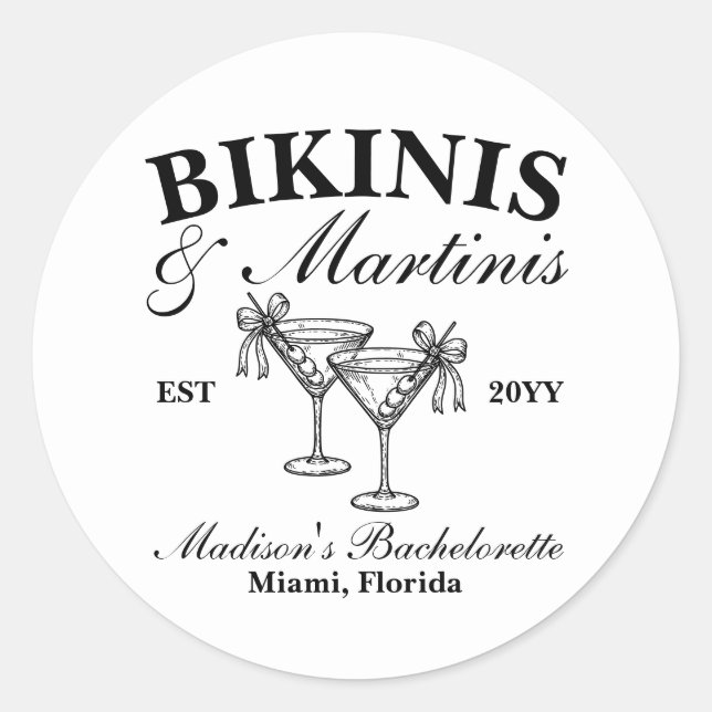 Custom Bikinis und Martinis Junggeselinnen-Abschie Runder Aufkleber (Vorderseite)