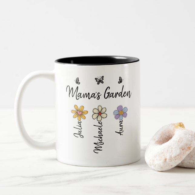 Custom Birth Flower Mug Names, Mama's Garden Gift Zweifarbige Tasse (Mit Donut)