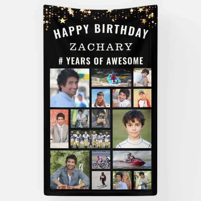 Custom Birthday 17 Foto Collage Black Gold Stars Banner (Vertikal)