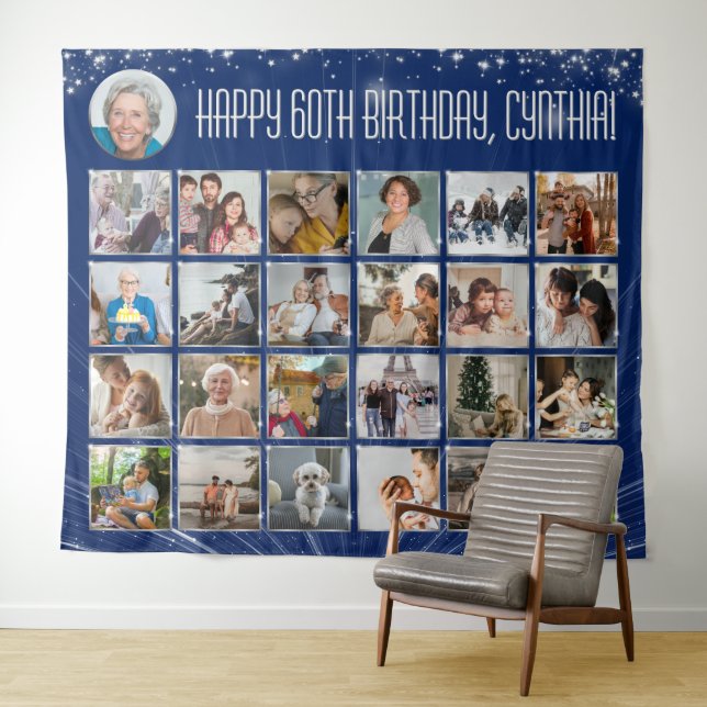 Custom Birthday Banner Multi Foto Blue Silver Wandteppich (Beispiel (Horizontal))