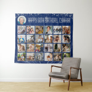 Custom Birthday Banner Multi Foto Blue Silver Wandteppich