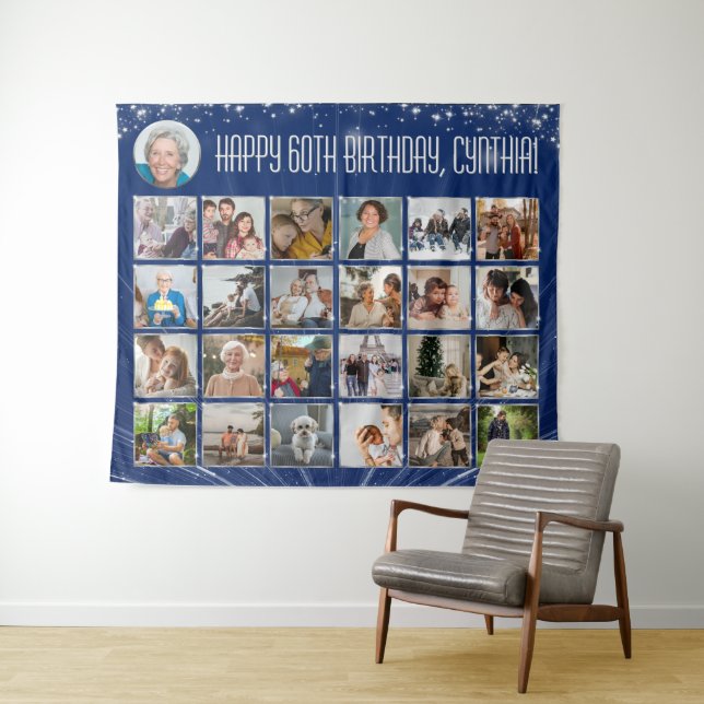 Custom Birthday Banner Multi Foto Blue Silver Wandteppich (Beispiel (Horizontal))