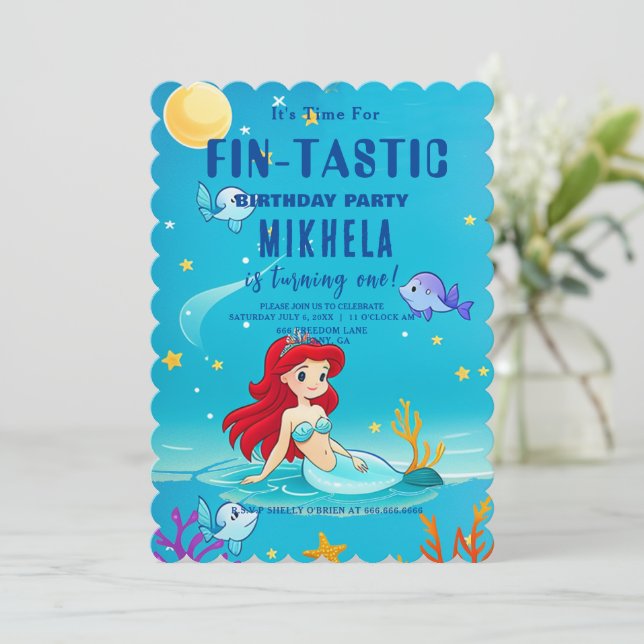 Custom Birthday Card, Fin-tastic Mermaid Theme Einladung (Stehend Vorderseite)