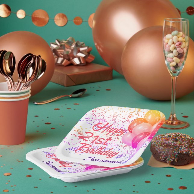 Custom Birthday farbenfrohe Confetti mit Balloons Pappteller (Multi)