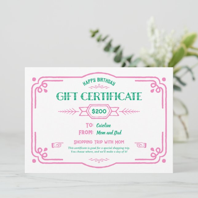 Custom Birthday Gift Certificate Karte (Stehend Vorderseite)