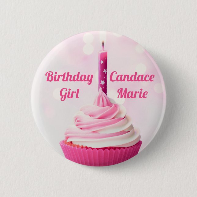 Custom Birthday Girl Hübsch Pink Cupcake Foto Button (Vorderseite)