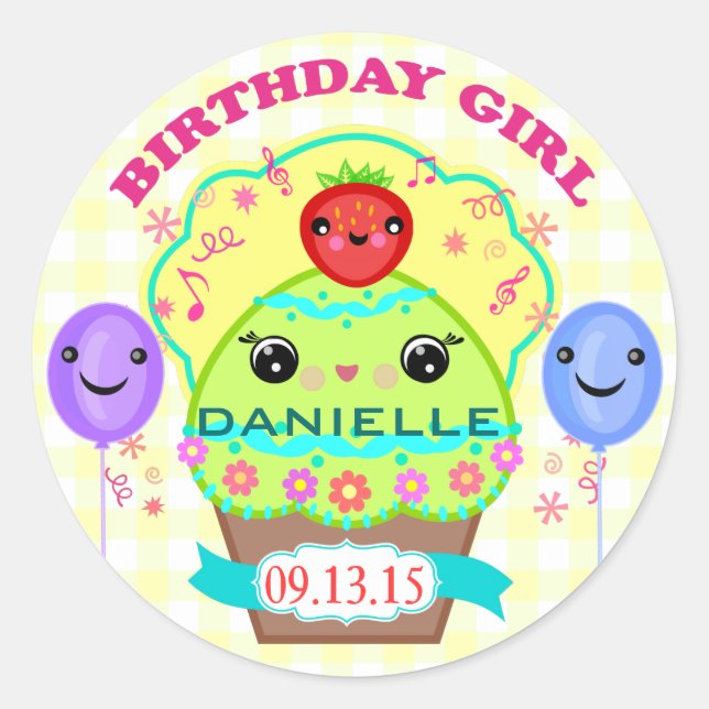 Custom Birthday Girl Kawaii Cupcake Stickers (Vorderseite)