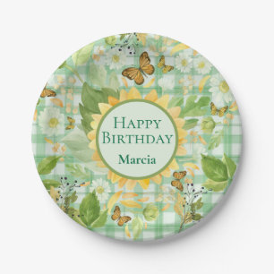 Custom Birthday Green Gingham Sunflower Butterfly Pappteller