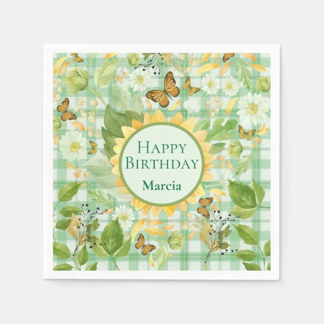 Custom Birthday Green Gingham Sunflower Butterfly Serviette (Vorderseite)
