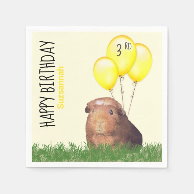 Custom Birthday Guinea Pig Gelbe Balloons Serviette (Vorderseite)