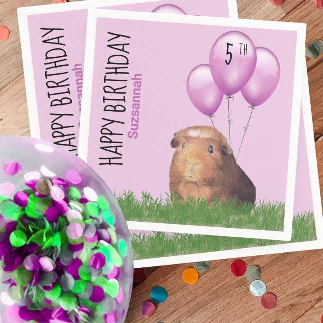 Custom Birthday Guinea Pig Lila Balloons Serviette (custom number birthday napkin)