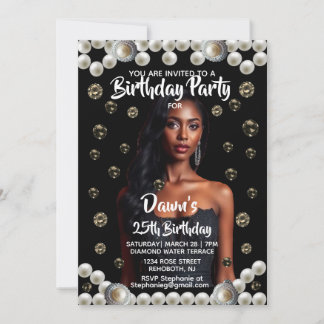 Custom Birthday Party Diamond, & Pearl Photo Black Einladung