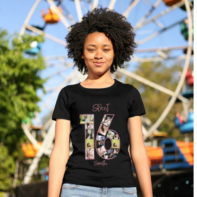 Custom Birthday Pink Girly Sweet 16 Foto Collage T-Shirt (Von Creator hochgeladen)
