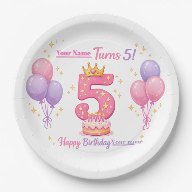 Custom Birthday Plates for Kids - 5th Birthday Pappteller (Vorderseite)