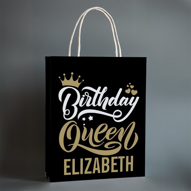Custom Birthday Queen Black and Gold Personalisier Mittlere Geschenktüte (Von Creator hochgeladen)