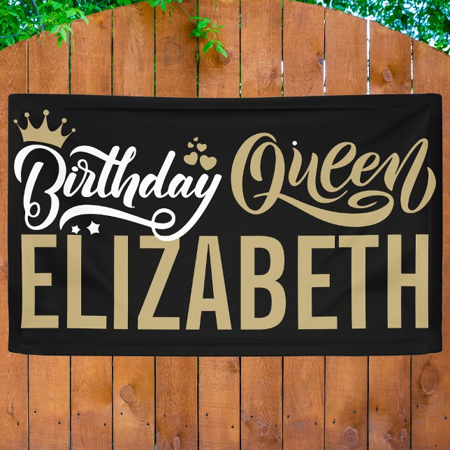 Custom Birthday Queen Black and Gold Personalized Banner (Von Creator hochgeladen)