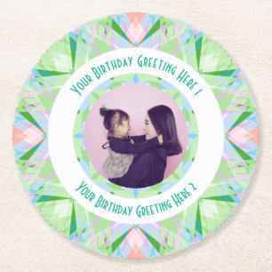 Custom Birthday Star Green Pink Foto Gruß Runder Pappuntersetzer