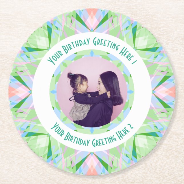 Custom Birthday Star Green Pink Foto Gruß Runder Pappuntersetzer (Vorderseite)