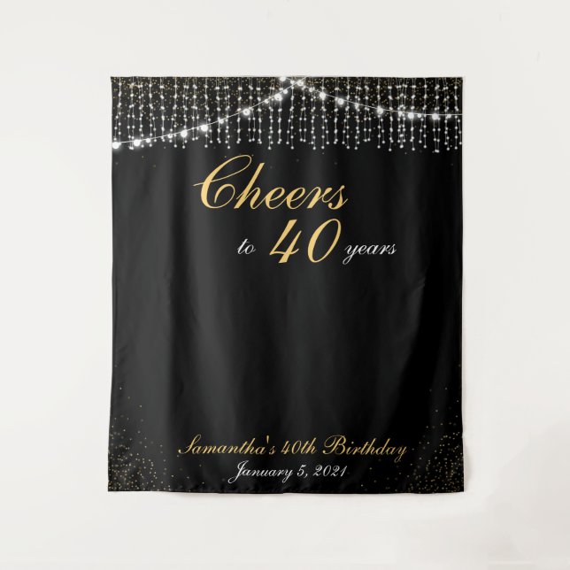 Custom Birthday String Lights Gold Background Foto Wandteppich (Vorderseite)