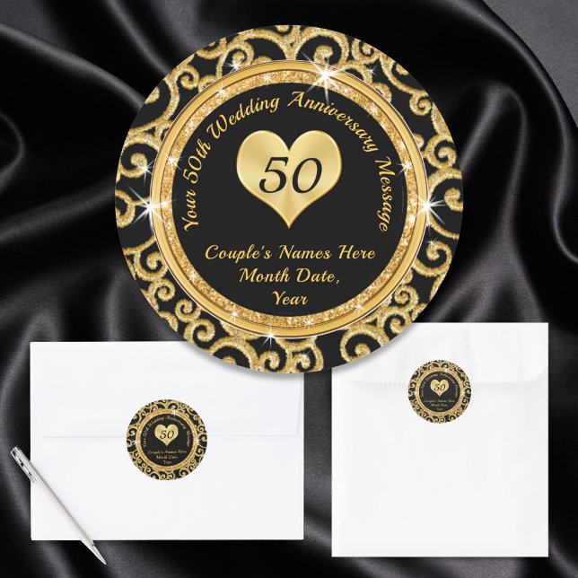 Custom Black and Gold 50 Jahre Anniversary Sticker (Black and Gold, 50th Anniversary Envelope Stickers. 50th anniversary favor bags, stickers. 50 year.)