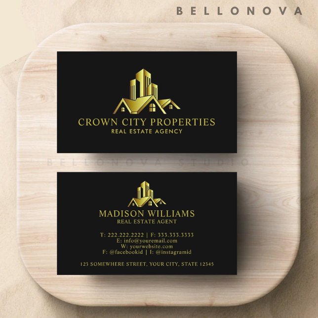 Custom Black and Gold Premium Real Anwesen Agent Visitenkarte (Custom Black And Gold Premium Real Estate Agent Business Card)