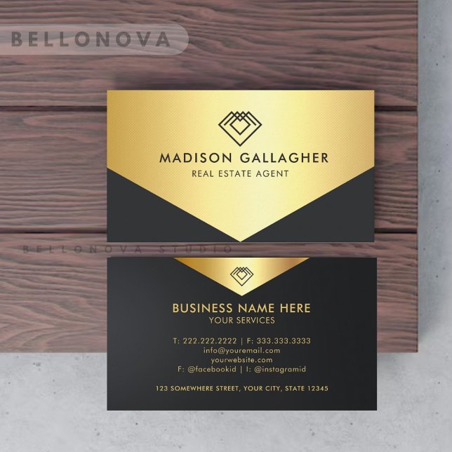 Custom Black and Gold Real Anwesen Agent Visitenkarte (Custom Black And Gold Real Estate Agent Business Card)
