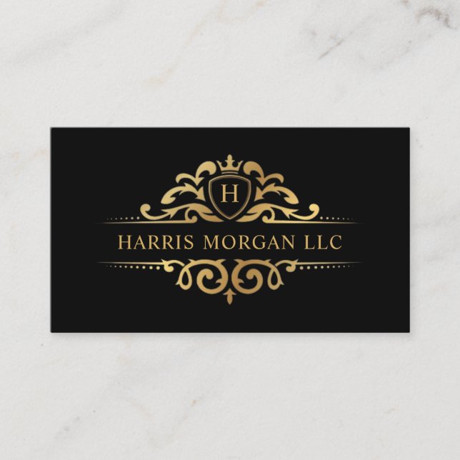 Custom Black and Gold Royal Monogram Beruflich Visitenkarte (Vorderseite)