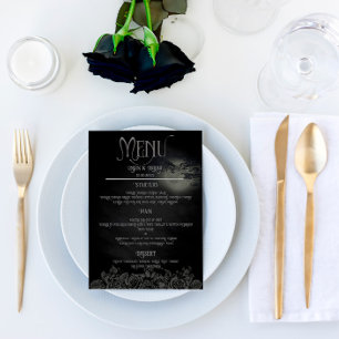 Custom Black and Grey Floral Gothic Wedding Menu Menükarte