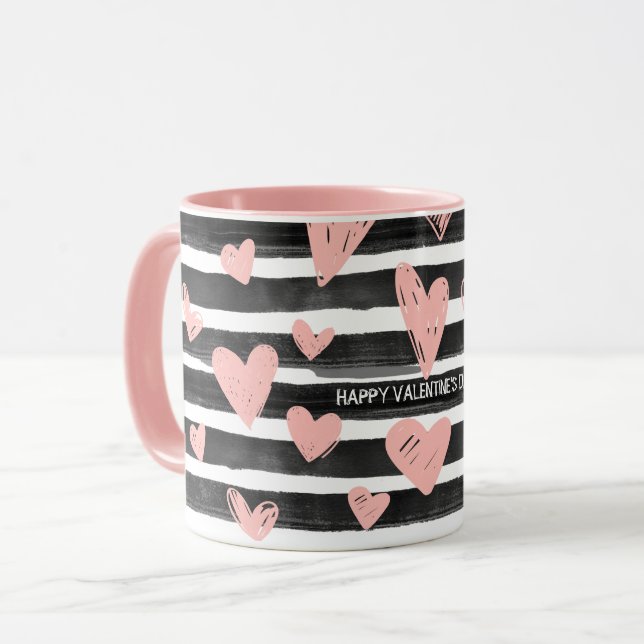 Custom Black and Pink Hearts Liebe Valentinstag Tasse (Vorderseite Links)