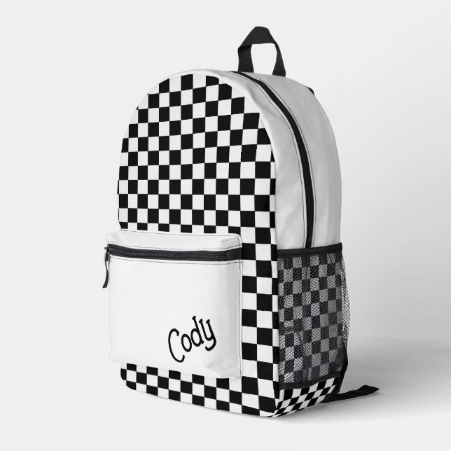 Custom Black and White Checkered  Bedruckter Rucksack (Rückseitige Ecke Rechts)