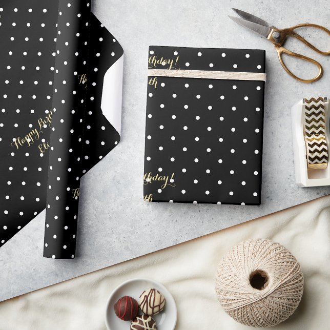 Custom Black and White Polka Dot Imitate Gold Scri Geschenkpapier (Custom Black and White Polka Dot Faux Gold Script Wrapping Paper)