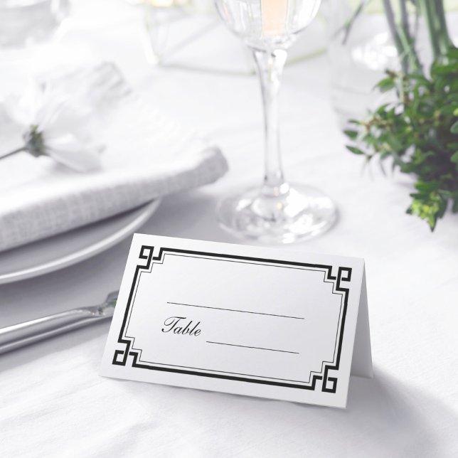 Custom Black Art Deco Border White Wedding Names Platzkarte (Von Creator hochgeladen)