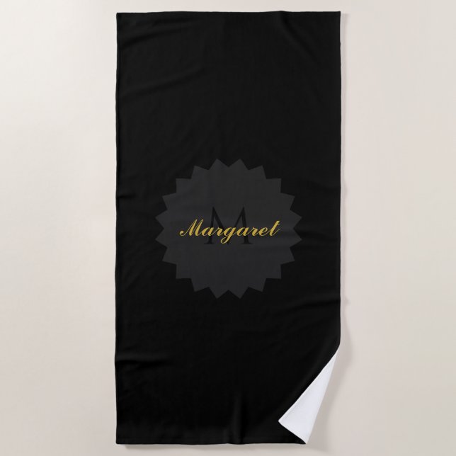 Custom Black Beach Handtuch mit Name und Initial (Vorderseite)