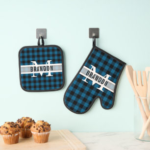 Custom Black Blue Buffalo Lumberjack Kariertes Mus Ofenhandschuh & Topflappen-Set