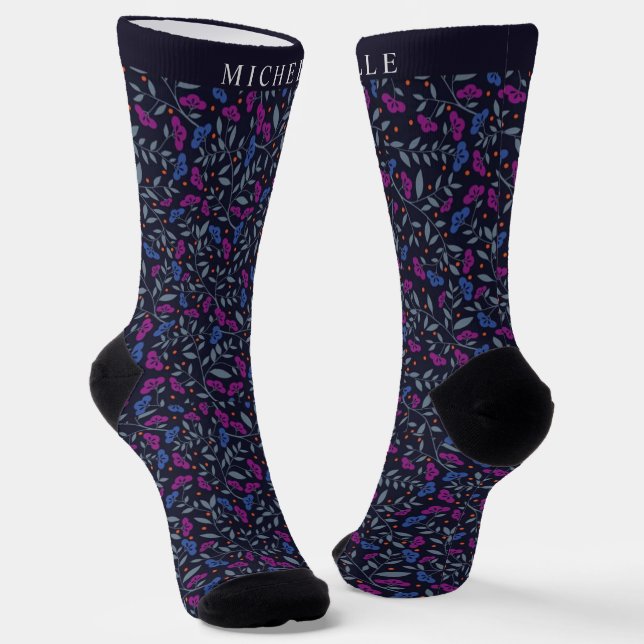 Custom Black Floral Dark Lila Blue Blumen Socken (Gewinkelt)