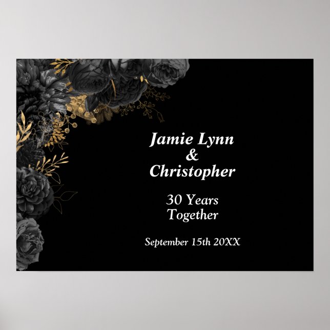 Custom Black Floral Wedding Anniversary Poster (Vorne)