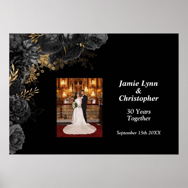 Custom Black Floral Wedding Anniversary Poster (Vorne)