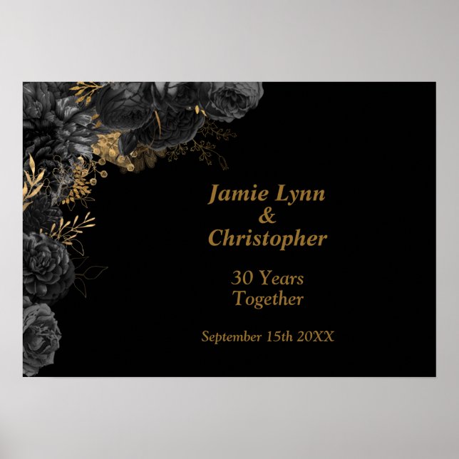 Custom Black Floral Wedding Anniversary Poster (Vorne)
