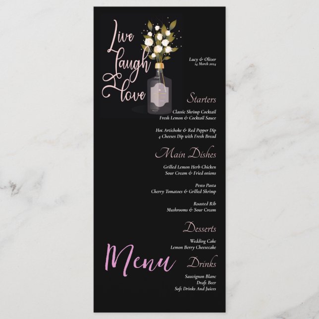 Custom Black Floral Wedding Menu mit Zitat Menükarte (Vorderseite)