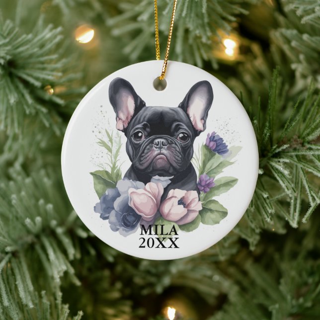 Custom Black Frenchie Mops Dog Wasserfarbe Weihnac Keramik Ornament (Baum)