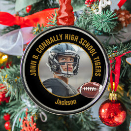 Custom Black Gold Football Player Photo Christmas Ornament Aus Metall
