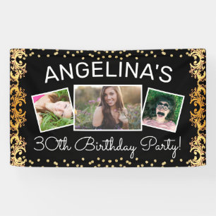 Custom Black & Gold Foto Geburtstagsparty Banner