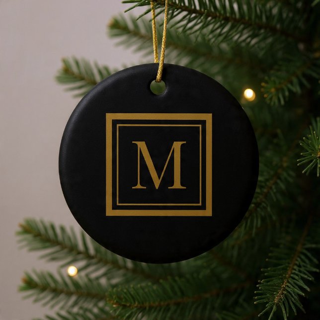 Custom Black & Gold Framed Monogram Keramik Ornament (Von Creator hochgeladen)