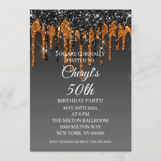 Custom Black & Gold Glitzer Tropfen Happy Birthday Einladung