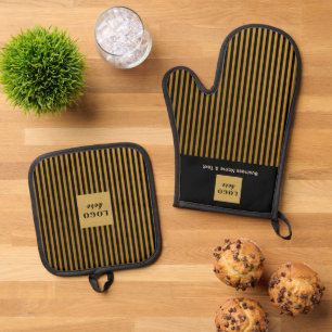 Custom Black & Gold Strip Ofenhandschuh & Topflappen-Set