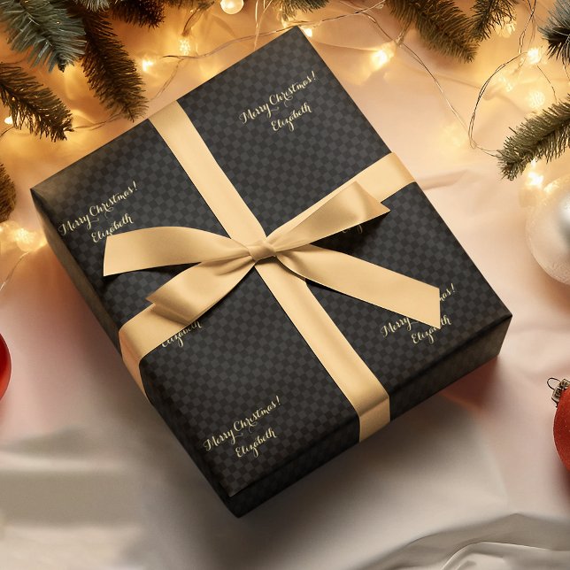 Custom Black Modern Karo Muster Imitate Gold Scrip Geschenkpapier (Custom Black Modern Check Pattern Faux Gold Script Wrapping Paper)