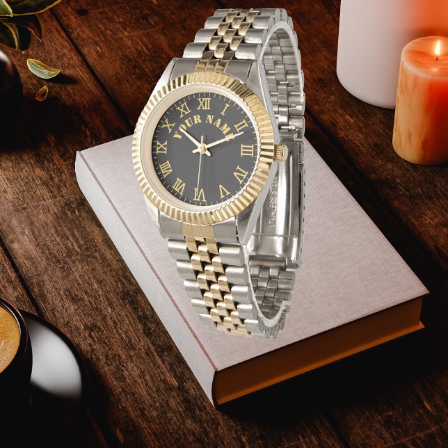 Custom Black Monogrammed Gold Silver Tone Bracelet Armbanduhr (Von Creator hochgeladen)